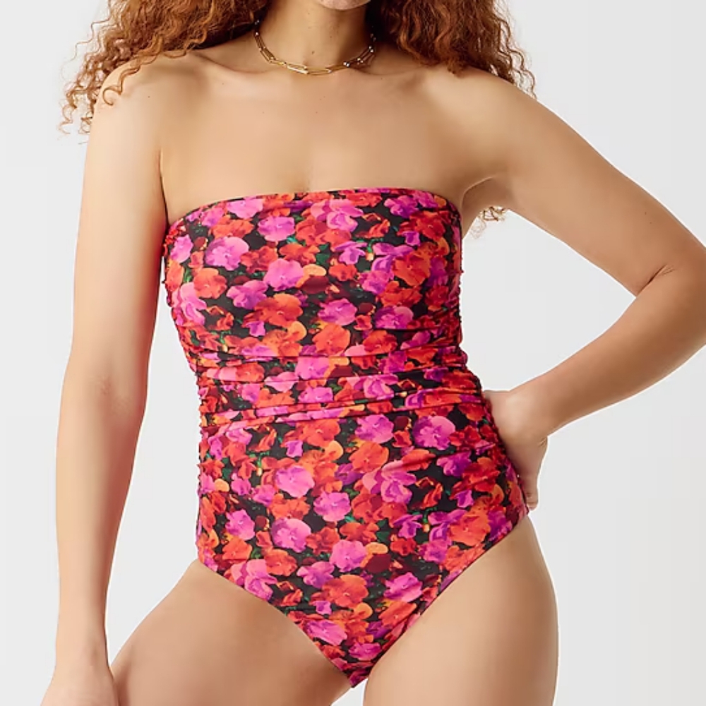 J.Crew Plus Floral Ruched Bandeau One Piece Swimsuit, 22, Pink